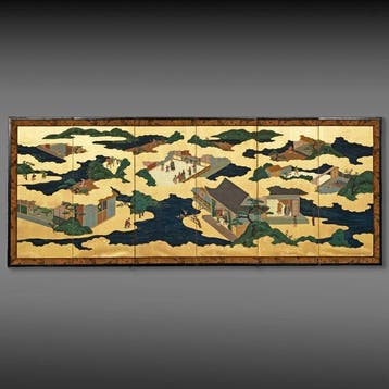 Paravent à scènes de piété filiale - Papier, Feuille dor,