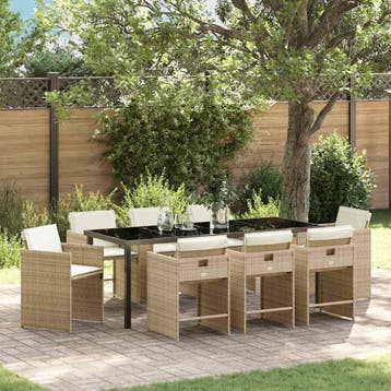 vidaXL Tuin Eettafel Set 9 st Beige poly rattan, Verzenden, Nieuw