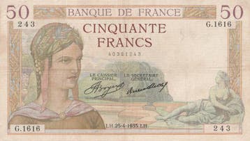Fay 17/8 50 Francs Ceres 25/04/1935 Pick 81, Verzenden