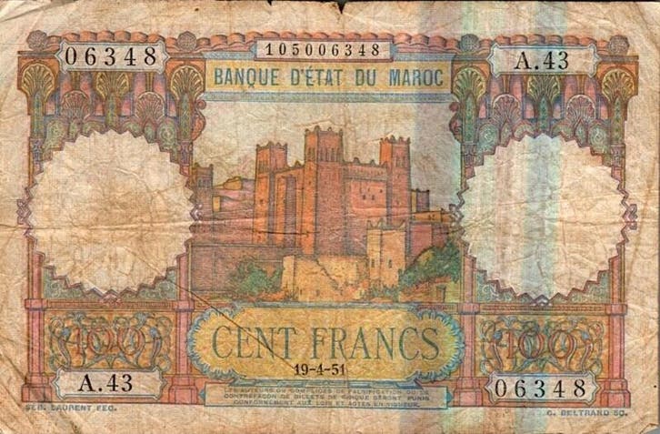 Maroc Marokko Pick 45 100 Francs 19/04/1951 Tb, Timbres & Monnaies, Billets de banque | Europe | Billets non-euro, Envoi