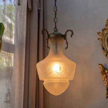 Plafondlamp - lantaarn - Messing, satijnglas - gegraveerde
