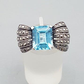 Zilver, Art Deco, Blauwe Spinel(Getest) Tankring - Ring -