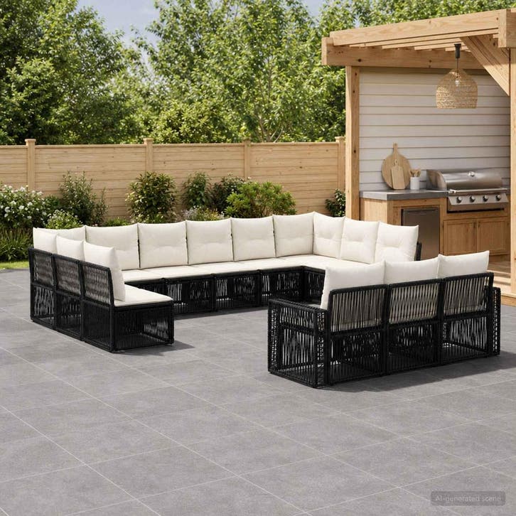 vidaXL Tuinbank Set 13 st Zwart en Crème Wit poly rattan, Tuin en Terras, Tuinsets en Loungesets, Nieuw, Verzenden