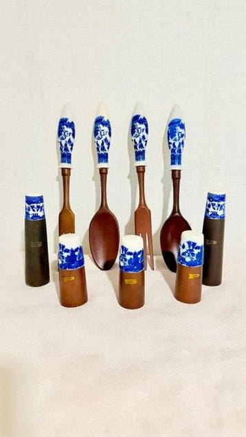 Couverts de service à salade (9) - Bois, Porcelaine,