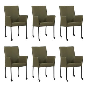 Set van 6 Leren eetkamerstoelen Comfort met wieltjes en, Ophalen of Verzenden