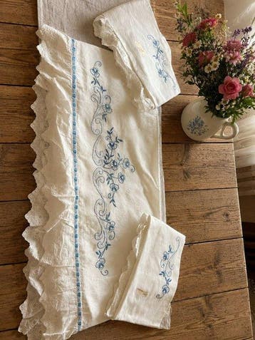 Lenzuola matrimoniale di lusso ricamate in puro lino - Laken, Antiek en Kunst