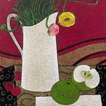 Yves Ganne (1931-2019) - Pichet de renoncules et pommes sur
