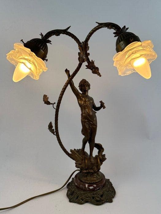 Tafellamp met beeldje - Brons, Marmer, Antiquités & Art, Curiosités & Brocante