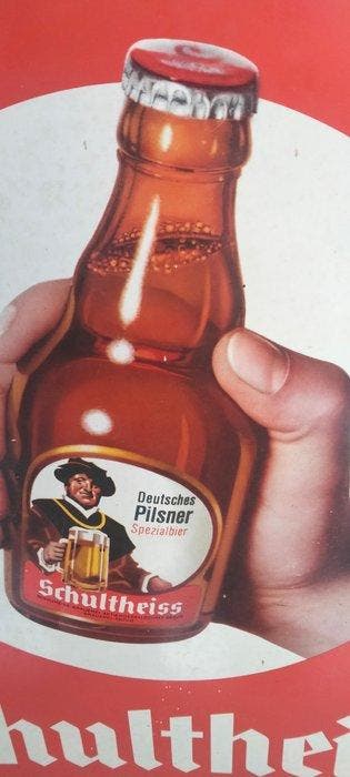 Schultheiss-staalplaat – reclamebord - Emaille bord -, Antiek en Kunst, Antiek | Wandborden en Tegels