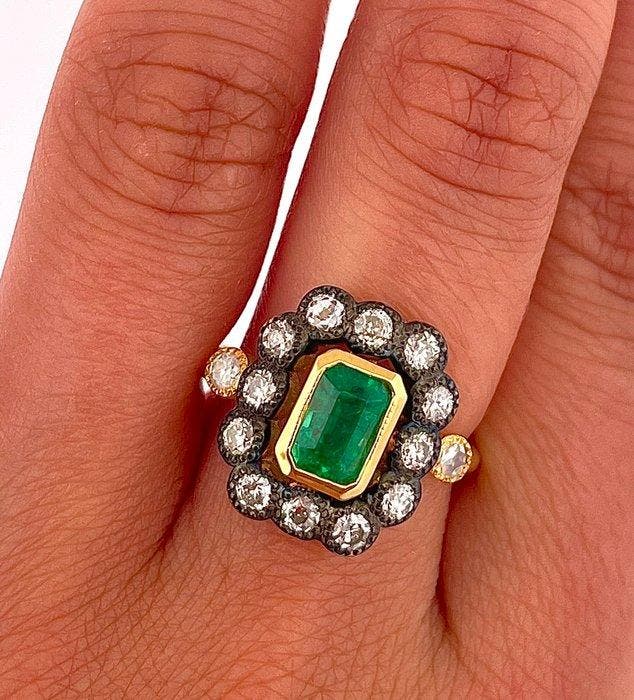 Bague - 18 carats Or jaune, Argent Émeraude - Diamant, Handtassen en Accessoires, Ringen