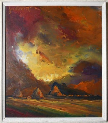 Leo Jordaens (1944-2000) - Landschap met hooimijten onder