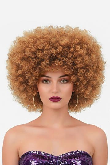Pruik Afro Lichtbruin Disco met Gratis 2x Haarnetje Bruin Af, Ophalen of Verzenden