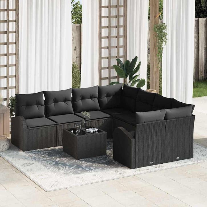 vidaXL Bankstel met kussen met opslag 9 pcs Zwart poly, Tuin en Terras, Tuinsets en Loungesets, Nieuw, Verzenden