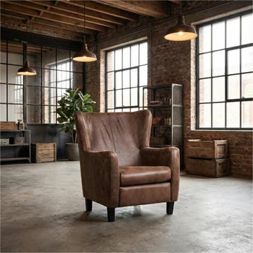 Leren fauteuil Hug - Vintage Brown (bruin) - Poten hout, Nieuw, Ophalen of Verzenden, 75 tot 100 cm, Eigentijds, Klassiek, Retro, Romantisch