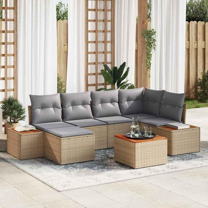 vidaXL Tuinbank Set met kussen 7 pcs Beige en Lichtgrijs, Tuin en Terras, Tuinsets en Loungesets, Nieuw, Verzenden