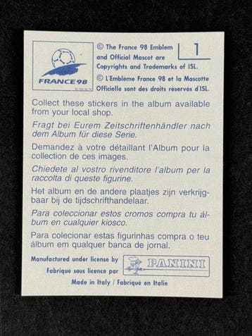 1998 Panini France 98 World Cup, Badge: World Cup #1 - Blue, Nieuw