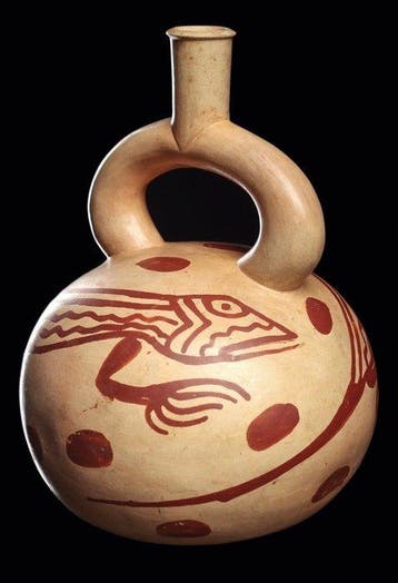 Moche-hoefvormige tuitfles met grote roodbruine hagedissen -