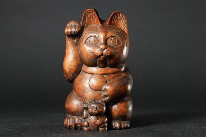 Antique Lucky Cat (Maneki-neko) Sculpture with Kitten -, Antiek en Kunst, Antiek | Overige Antiek
