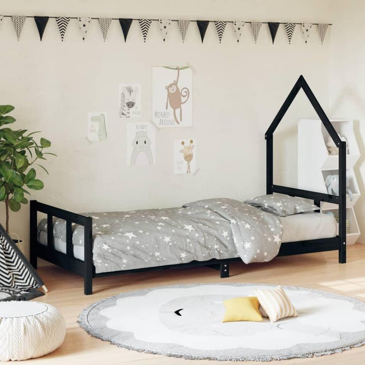vidaXL Kinderbedframe 90x200 cm massief grenenhout zwart, Kinderen en Baby's, Kinderkamer | Bedden, Nieuw, Verzenden