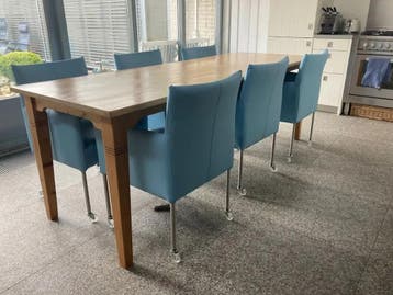 Set van 6 leren kuip eetkamerstoelen - met wieltjes - blauw, Ophalen of Verzenden