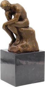 Beeld, “De denker” 20 cm - 20 cm - Brons, Marmer, Antiek en Kunst