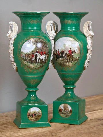 Vaas (2) - Porselein - Stel amphora Vazen