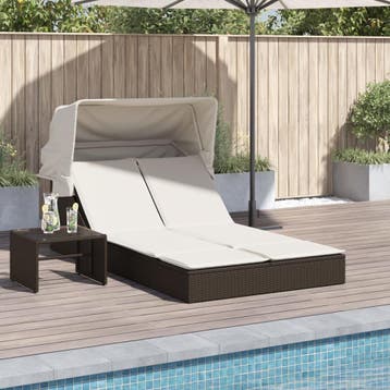 vidaXL Ligbed 2-persoons met luifel en kussens poly rattan, Verzenden