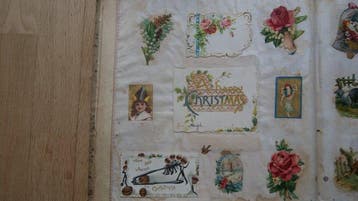Album met zeer oude Poëzie plaatjes, wat ansichten , geplakt, Gelopen
