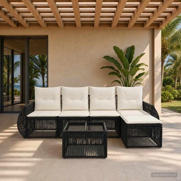vidaXL Tuinbank Set 6 st Zwart en Crème Wit poly rattan, Verzenden