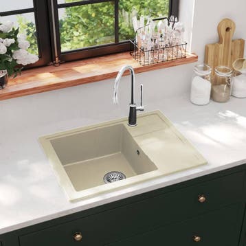 vidaXL Gootsteen met overloopgat ovaal graniet beige, Verzenden