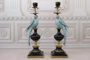 sculptuur, Luxury Pair of Blue Porcelain Parrot Candle