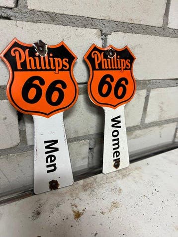 Set van 2 vintage Phillips 66 emaille toiletborden – Men &, Antiek en Kunst