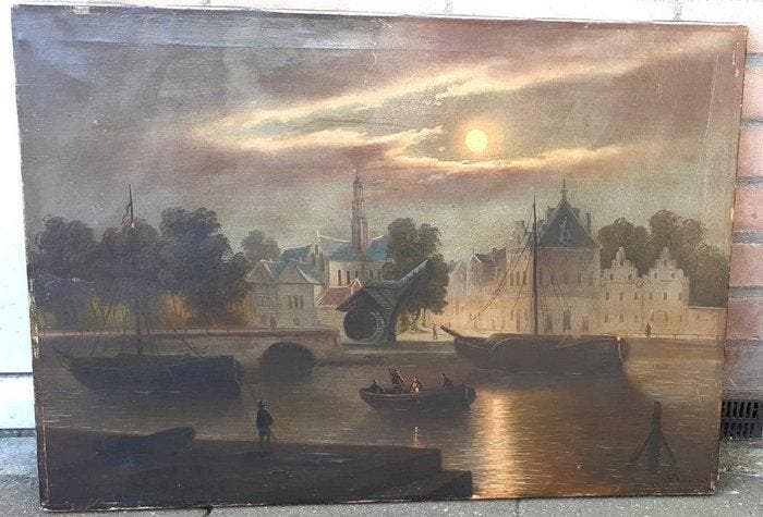 Nederlandse school (XIX) - Full Moon at City Harbour, Antiek en Kunst, Kunst | Schilderijen | Klassiek