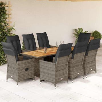 vidaXL 9-delige Bistroset met kussens poly rattan grijs, Verzenden, Nieuw