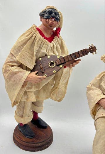 sculptuur, Coppia di Pulcinella musicanti - 40 cm - Hout,