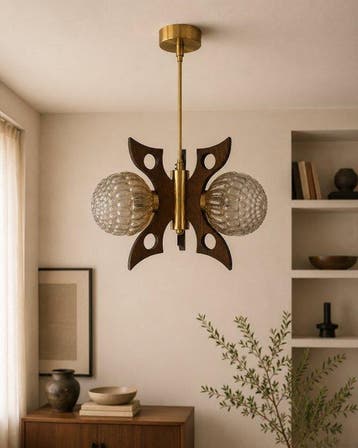 Lampe à suspendre - Bois, Verre, Laiton - Une suspension en