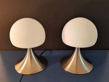 Lampe de table - Champignon - Verre opale / métal brossé
