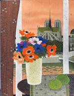 Yves Ganne (1931-2019) - Bouquet de Pensées avec vue sur, Antiek en Kunst