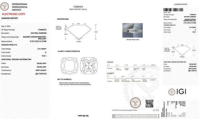 1 pcs Diamant (Natuurlijk) - 1.01 ct - Carré - D (kleurloos), Handtassen en Accessoires, Edelstenen