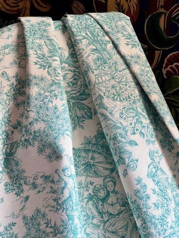 Dubbelbrede stof in toile de Jouy, aquagroen, voor decoratie