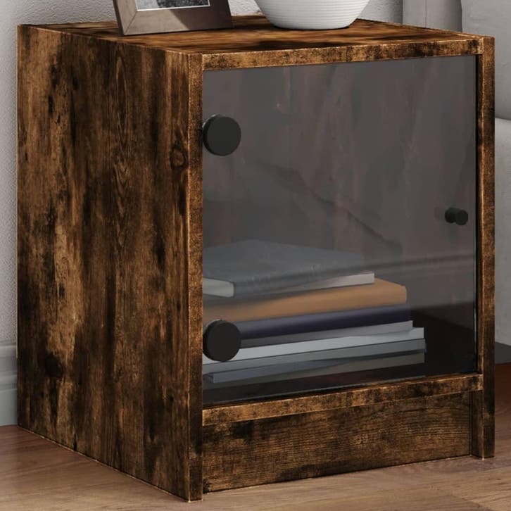 vidaXL Nachtkastje met glazen deur 35x37x42 cm gerookt, Huis en Inrichting, Slaapkamer | Nachtkastjes, Nieuw, Verzenden