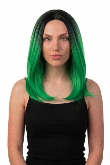 KIMU® Luxe Groen Zwarte Pruik Curtain Bangs Pony Schouderlen, Ophalen of Verzenden