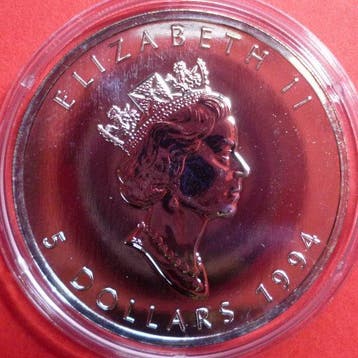 Canada. 5 Dollars 1994 Maple Leaf 1 Ounce Silver 9999 (Sans, Timbres & Monnaies