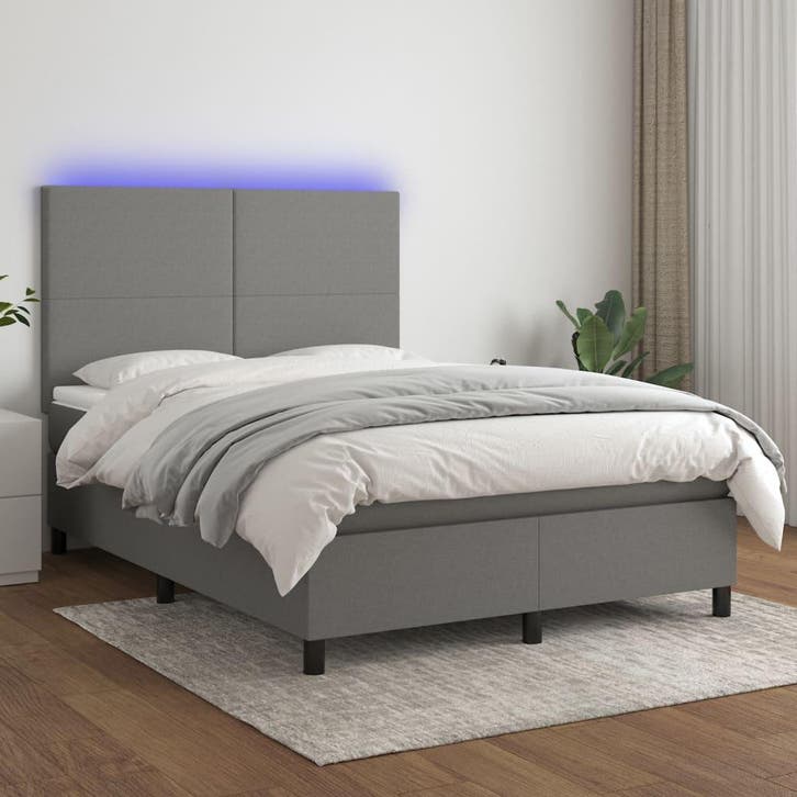 vidaXL Boxspring met matras en LED stof donkergrijs 140x200, Huis en Inrichting, Slaapkamer | Bedden, Nieuw, Verzenden
