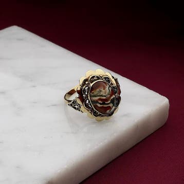 Gouden ring met mosagaat; 14 karaat; ringmaat 20,5, Gebruikt, 20 of groter, Ophalen of Verzenden, Met edelsteen