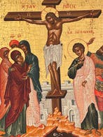 Icoon - Kruisiging van Christus - Hout, Canvas -, Antiek en Kunst