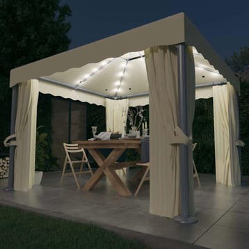 vidaXL Prieel met gordijn en LED-lichtslinger 3x3 m crèmewit, Verzenden