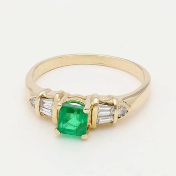 Bague - 14 carats Or jaune Émeraude - Baguette/brillant, Bijoux, Sacs & Beauté, Bagues