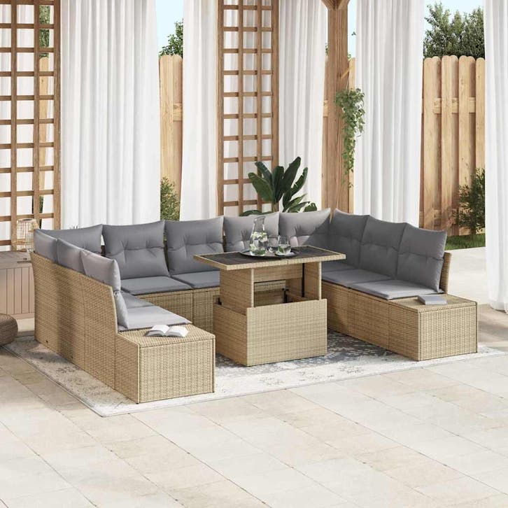 vidaXL Tuinbank Set met opslag 10 pcs Beige Poly rattan, Tuin en Terras, Tuinsets en Loungesets, Nieuw, Verzenden