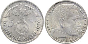 Duitsland 5 Reichsmark Hindenburg 1939e vz/st, selten i d..., Verzenden